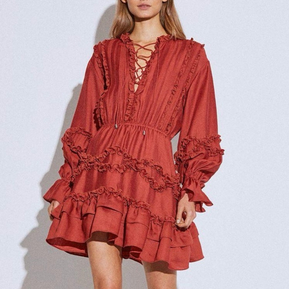 C/MEO Collective Slow Down Ruffled Dress Rust Red Sz XS